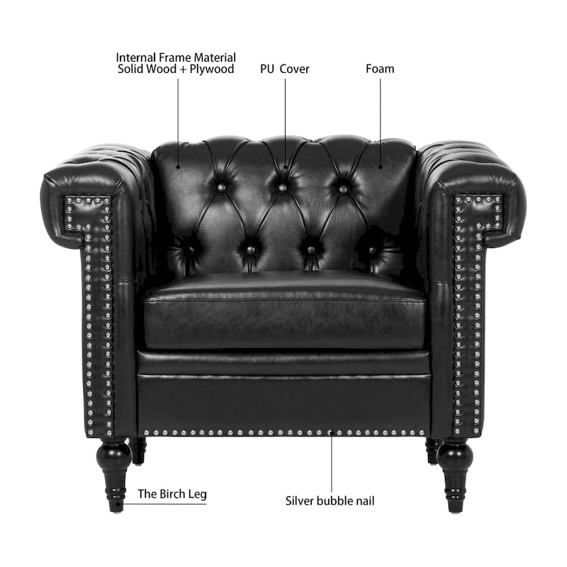 Fauteuil d'appoint capitonné noir moderne 39 avec clous décoratifs