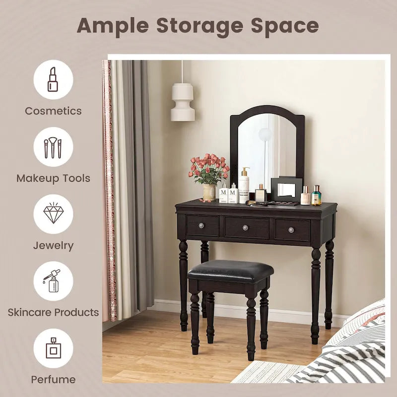 Costway Vanity Table Set Makeup Desk Cushioned Stool 3 Drawer Large - See Details