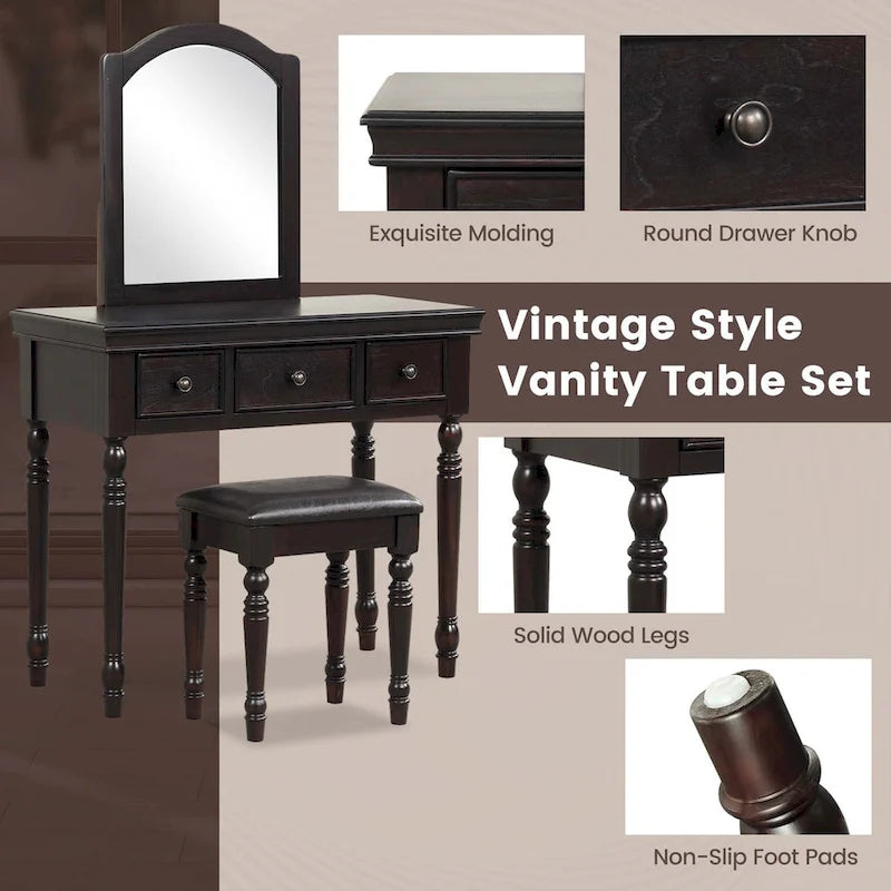 Ensemble coiffeuse — Coiffeuse, tabouret rembourré, 3 grands tiroirs — Voir les détails