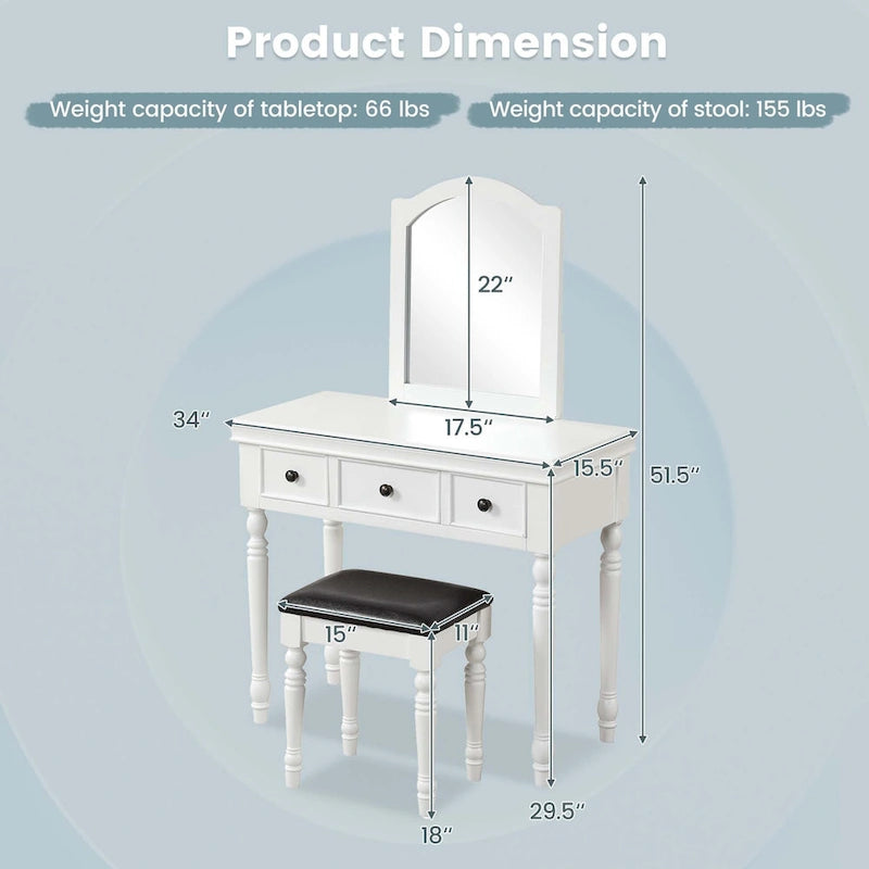 Ensemble coiffeuse — Coiffeuse, tabouret rembourré, 3 grands tiroirs — Voir les détails