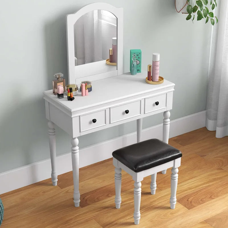 Ensemble coiffeuse — Coiffeuse, tabouret rembourré, 3 grands tiroirs — Voir les détails