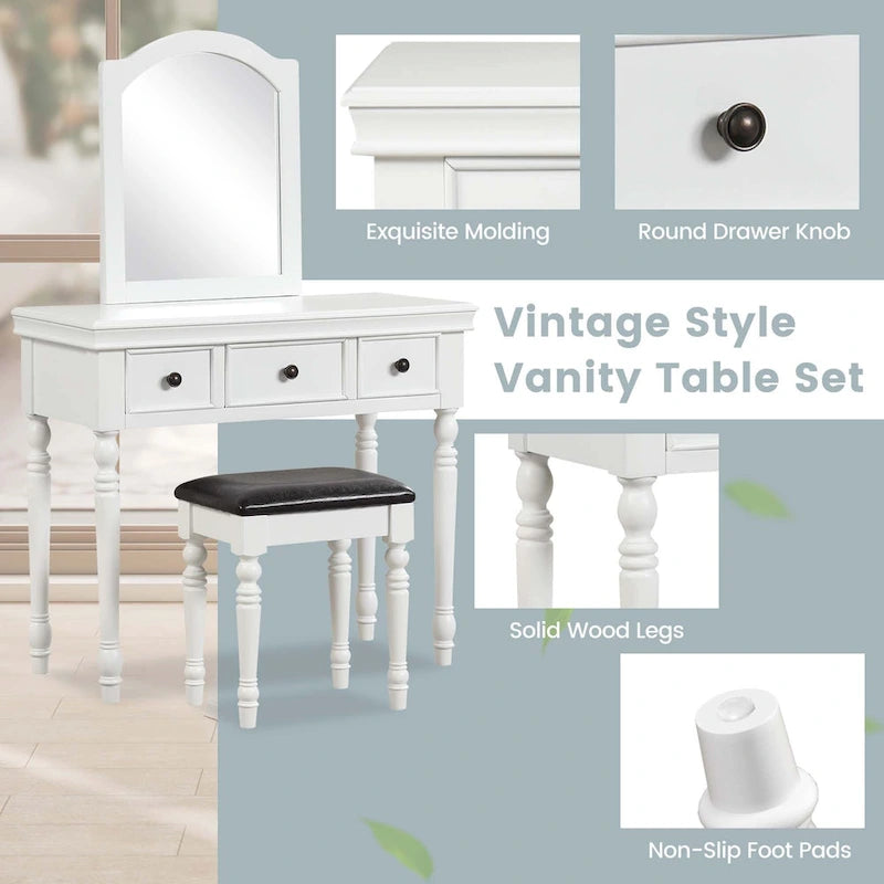 Ensemble coiffeuse — Coiffeuse, tabouret rembourré, 3 grands tiroirs — Voir les détails