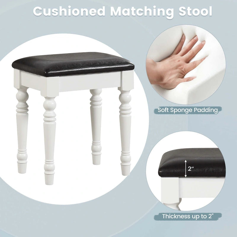 Ensemble coiffeuse — Coiffeuse, tabouret rembourré, 3 grands tiroirs — Voir les détails