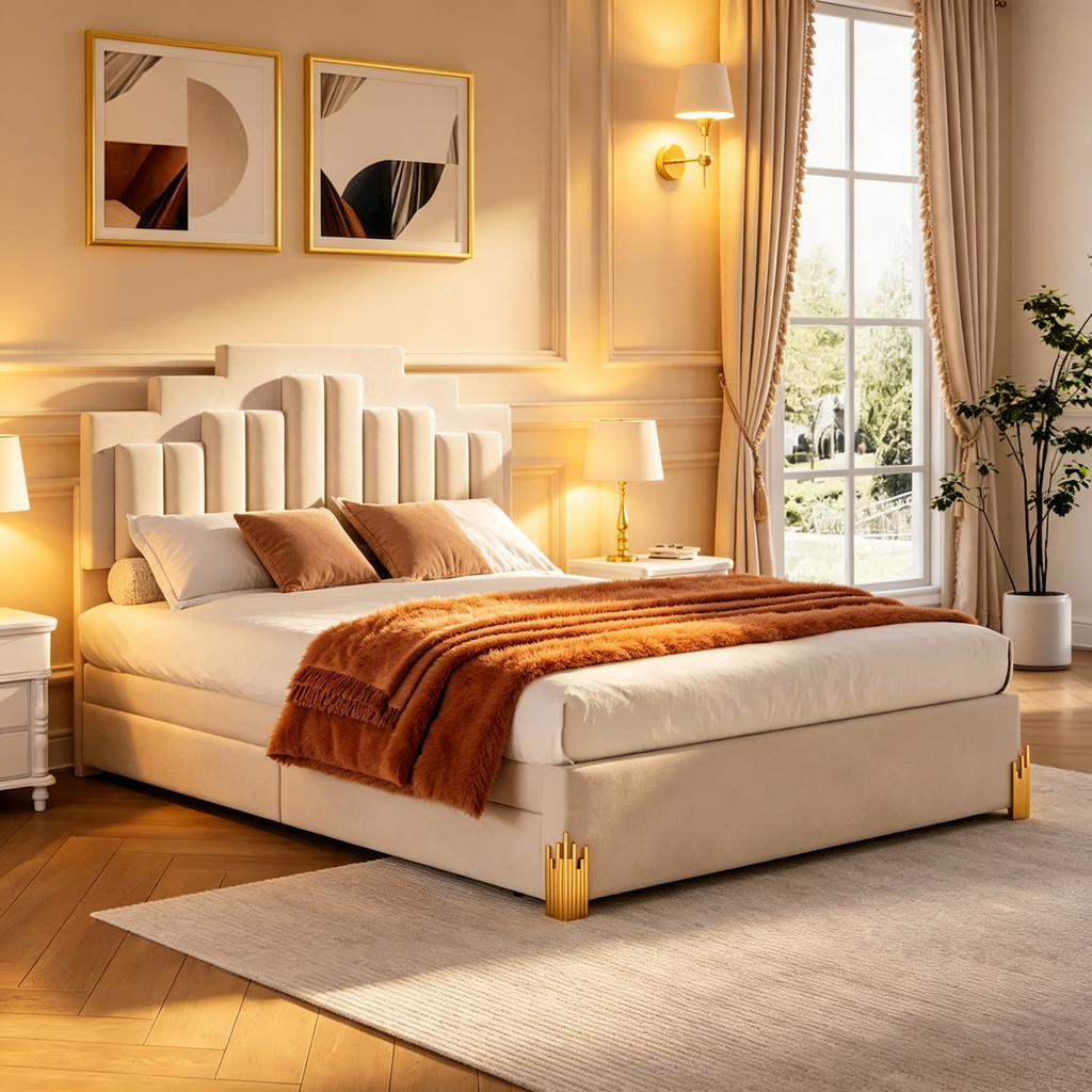 Lit plateforme rembourré beige (avec éclairage et tiroirs)