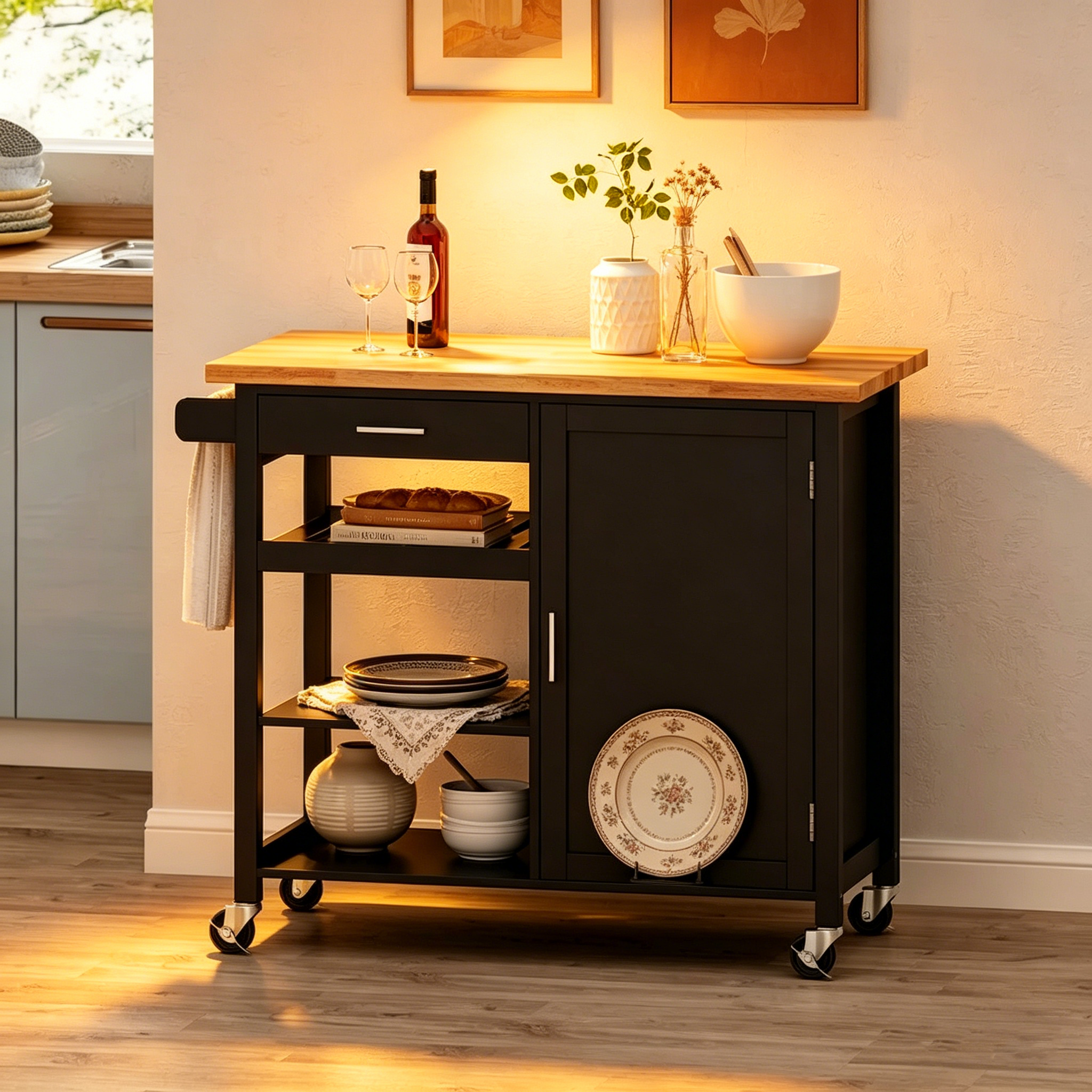 Desserte de cuisine moderne en bois (avec roues, tiroir et meuble de rangement)