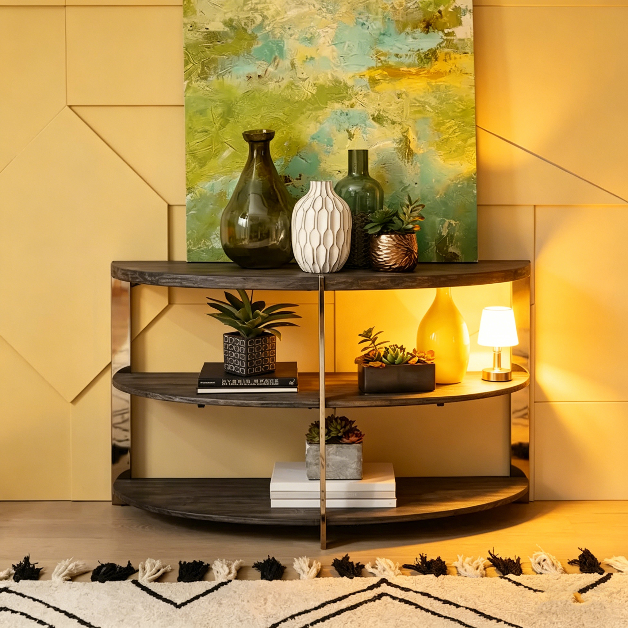 Console d'entrée demi-lune avec deux étagères ouvertes, en gris anthracite et métal chromé.