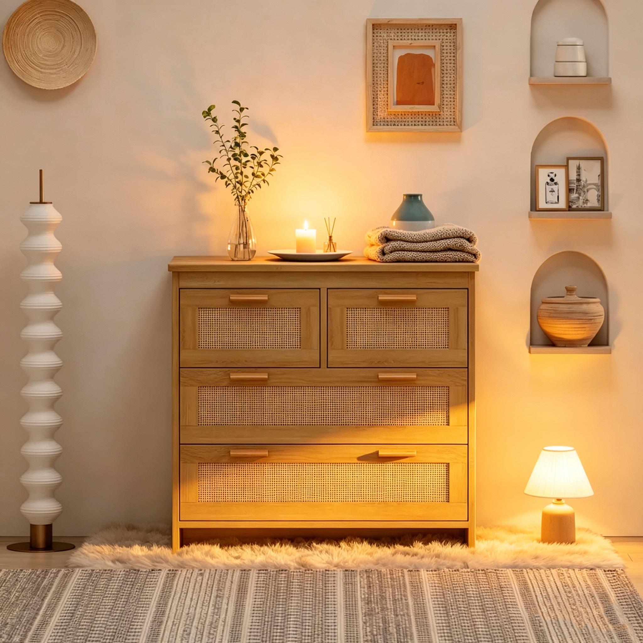 Meuble de rangement 4 tiroirs en rotin — Convient aux chambres à coucher, salons, salles à manger et entrées — Montage facile