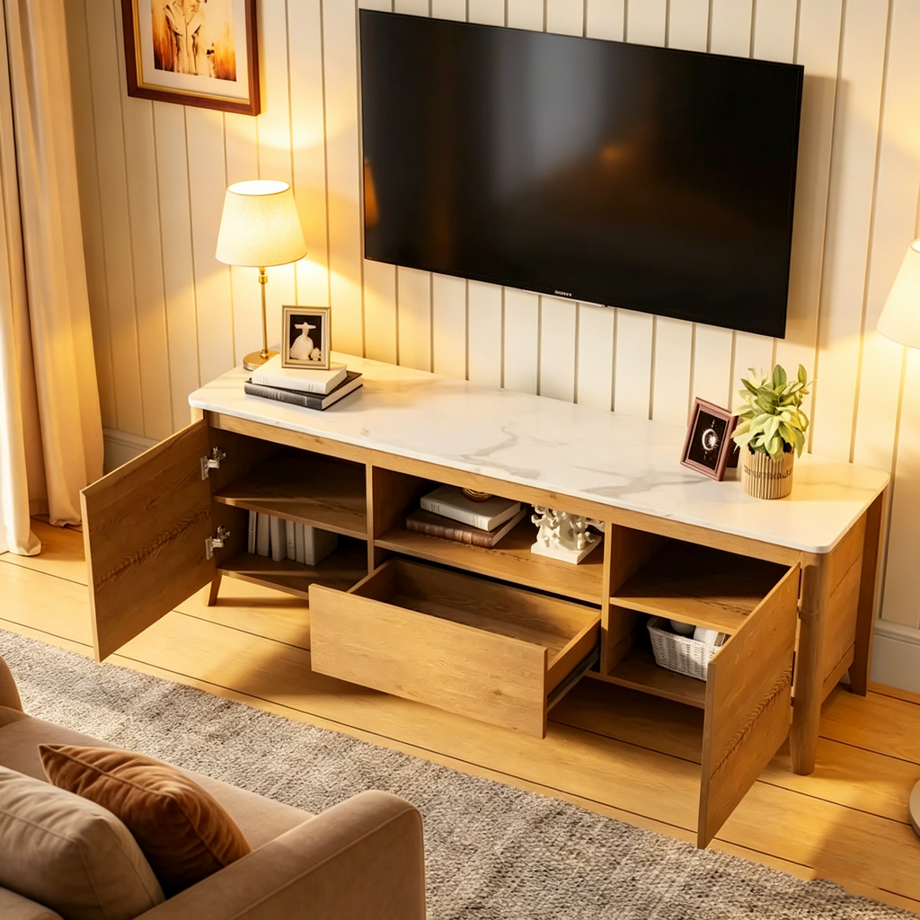 Meuble TV moderne de 58 pouces avec lumières LED, meuble de rangement pour TV jusqu'à 80 pouces pour salon et chambre à coucher