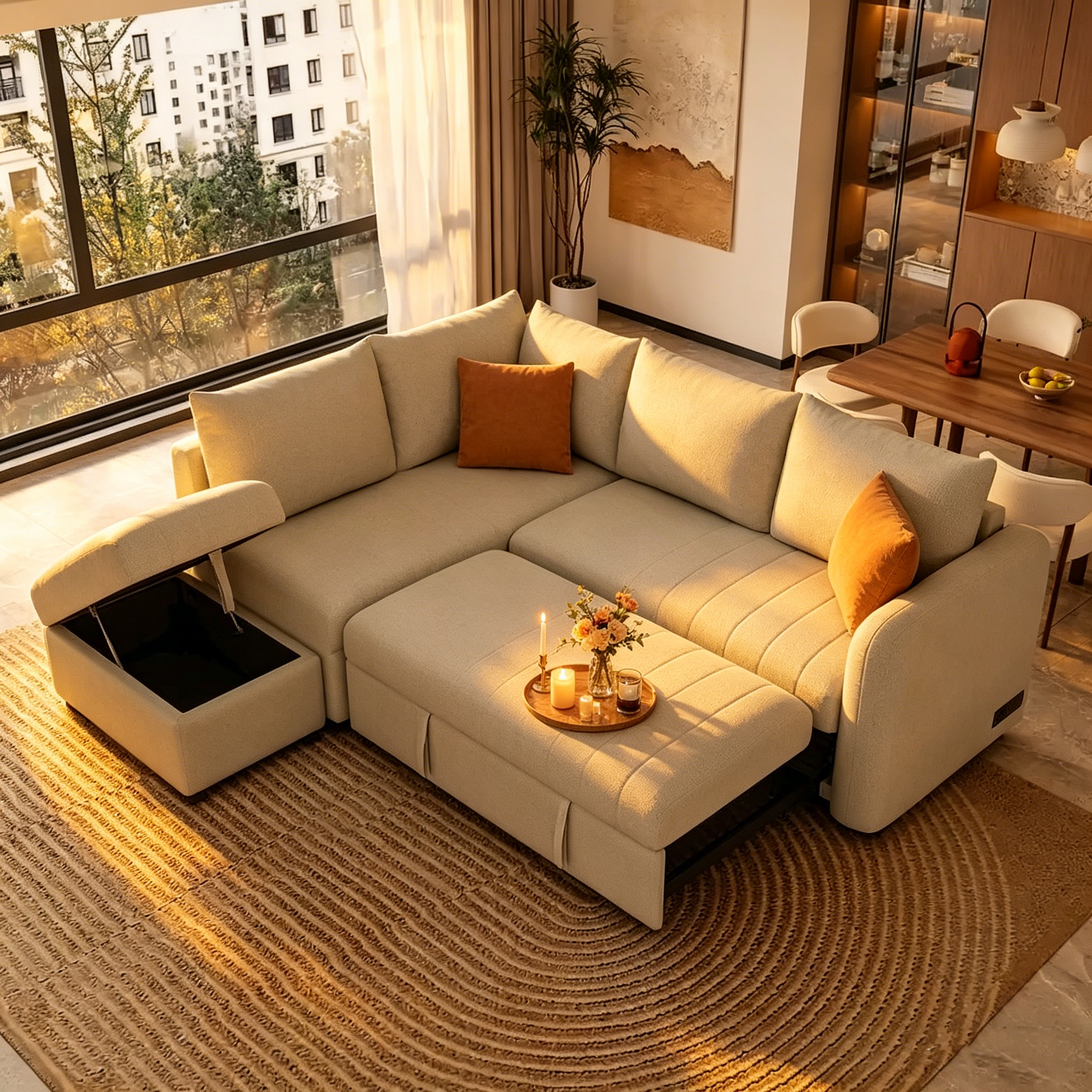 Canapé d'angle convertible rembourré avec pouf de rangement mobile, canapé-lit escamotable en forme de L