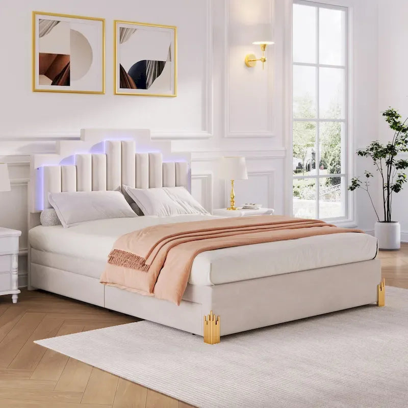 Lit plateforme rembourré beige (avec éclairage et tiroirs)