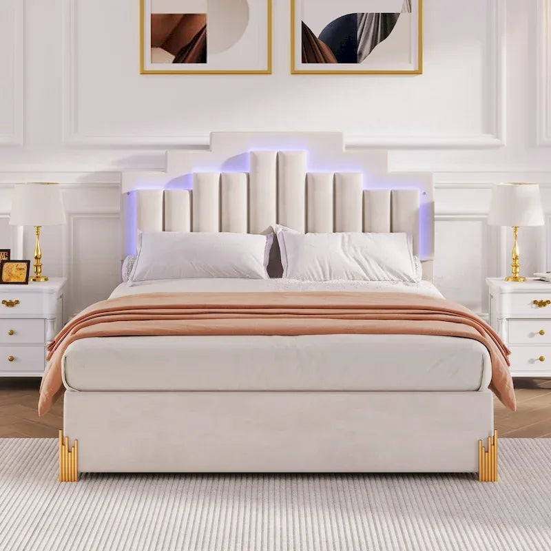 Lit plateforme rembourré beige (avec éclairage et tiroirs)