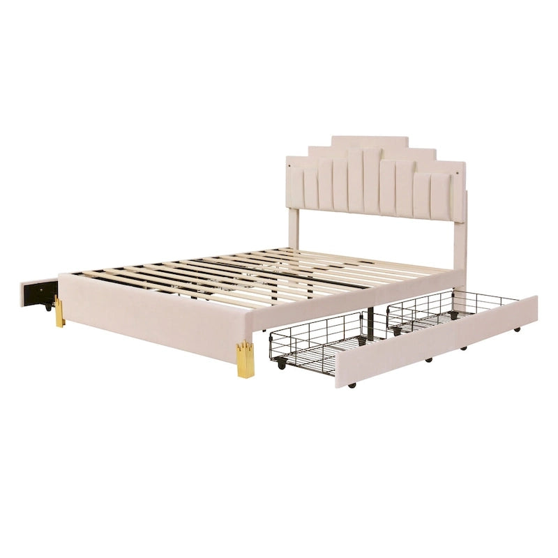 Lit plateforme rembourré beige (avec éclairage et tiroirs)
