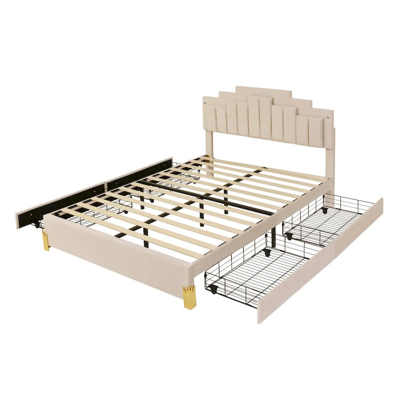 Lit plateforme rembourré beige (avec éclairage et tiroirs)