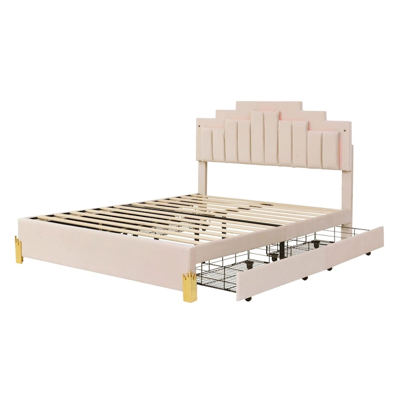 Lit plateforme rembourré beige (avec éclairage et tiroirs)