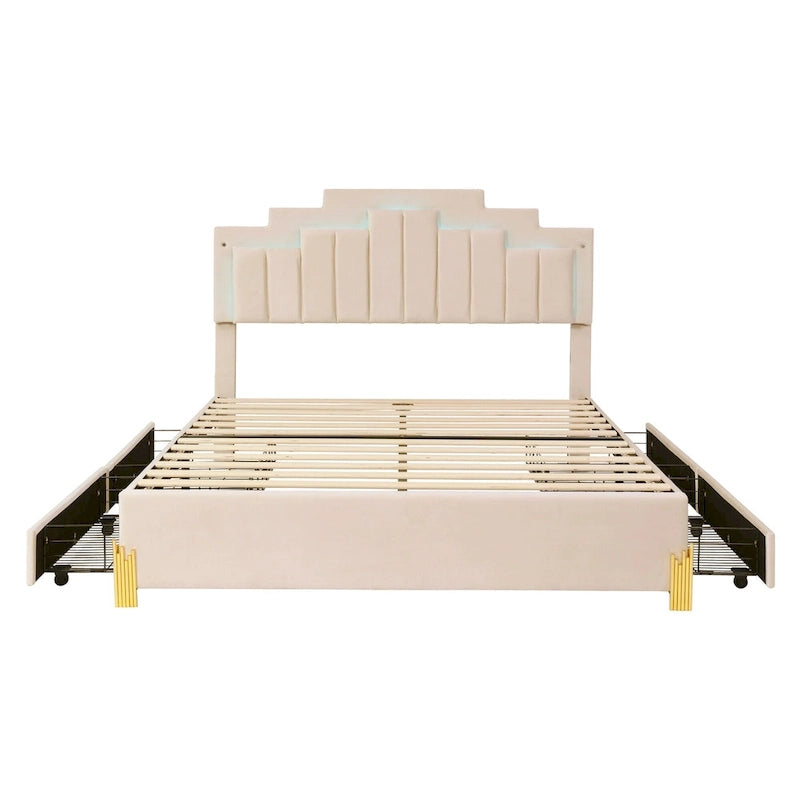 Lit plateforme rembourré beige (avec éclairage et tiroirs)