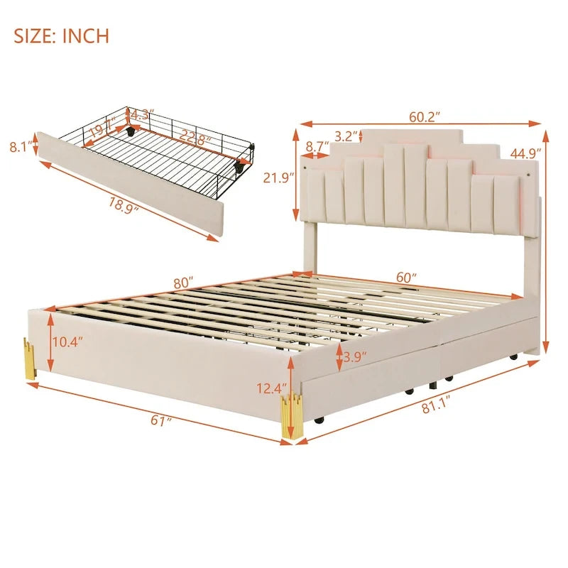 Lit plateforme rembourré beige (avec éclairage et tiroirs)