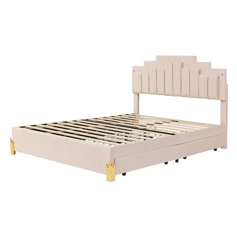 Lit plateforme rembourré beige (avec éclairage et tiroirs)