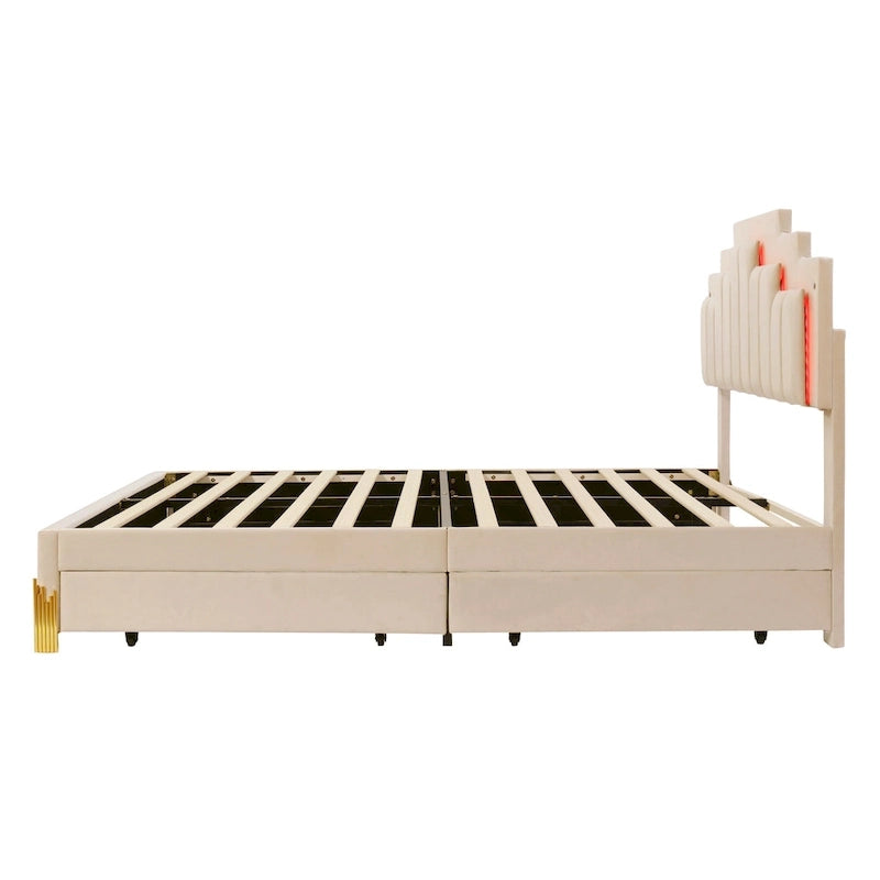 Lit plateforme rembourré beige (avec éclairage et tiroirs)