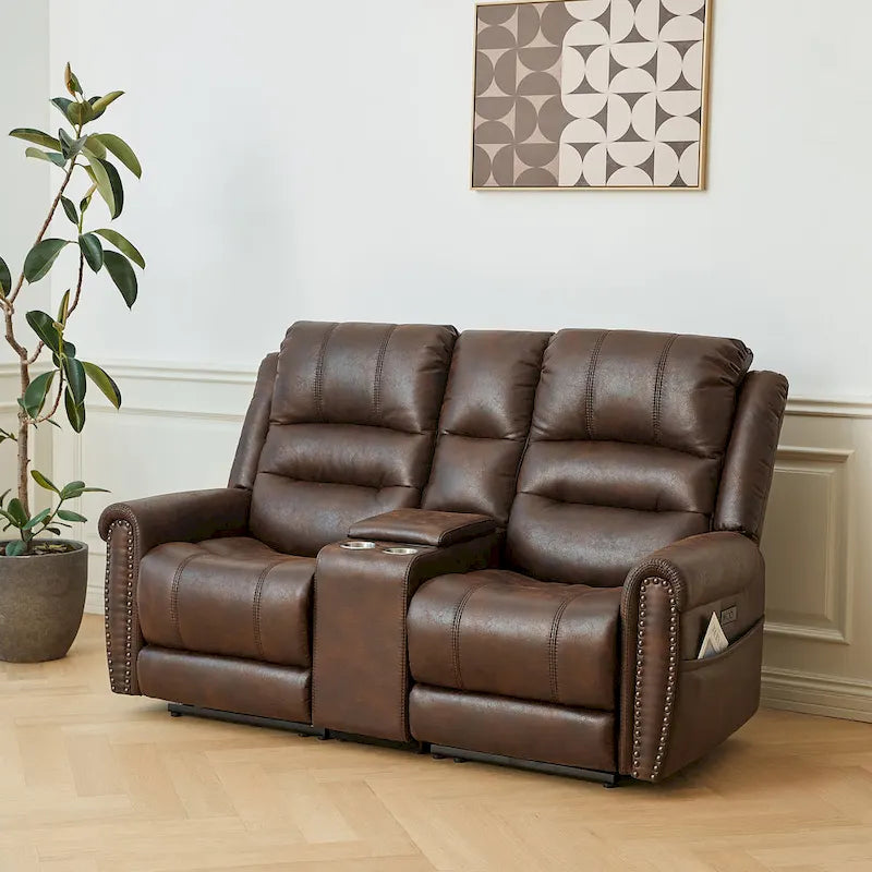 Canapé 2 places relax électrique avec têtière réglable, dossier haut et clous décoratifs