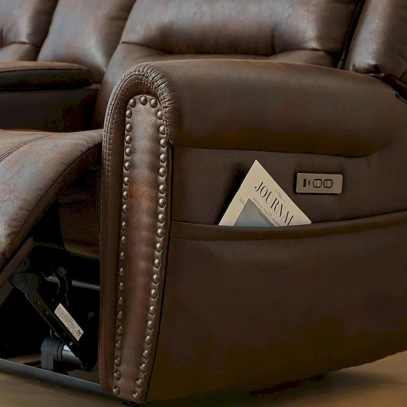 Canapé 2 places relax électrique avec têtière réglable, dossier haut et clous décoratifs