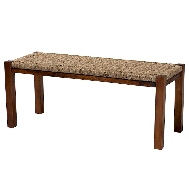 Banc de style transitionnel Mid-Century Modern en jonc de mer naturel et acajou