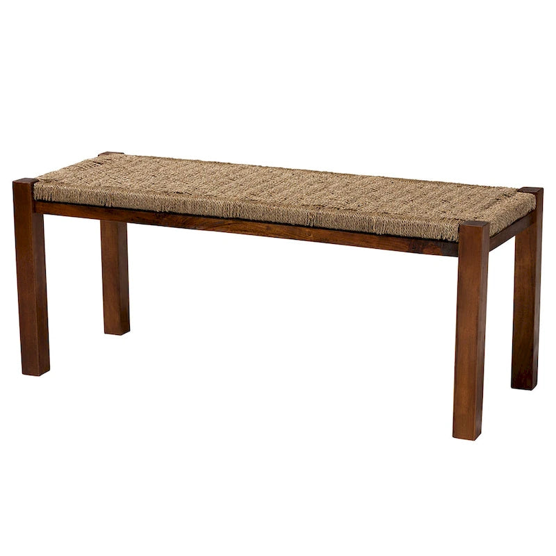 Banc de style transitionnel Mid-Century Modern en jonc de mer naturel et acajou