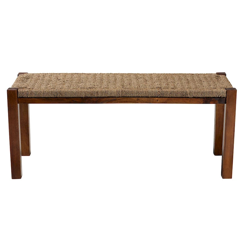 Banc de style transitionnel Mid-Century Modern en jonc de mer naturel et acajou