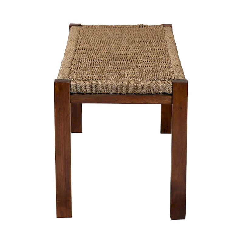 Banc de style transitionnel Mid-Century Modern en jonc de mer naturel et acajou
