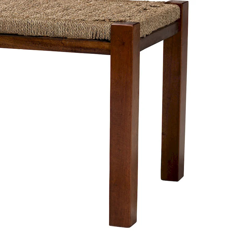 Banc de style transitionnel Mid-Century Modern en jonc de mer naturel et acajou