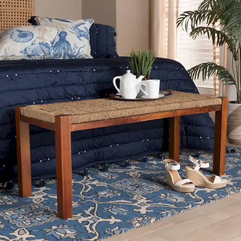 Banc de style transitionnel Mid-Century Modern en jonc de mer naturel et acajou
