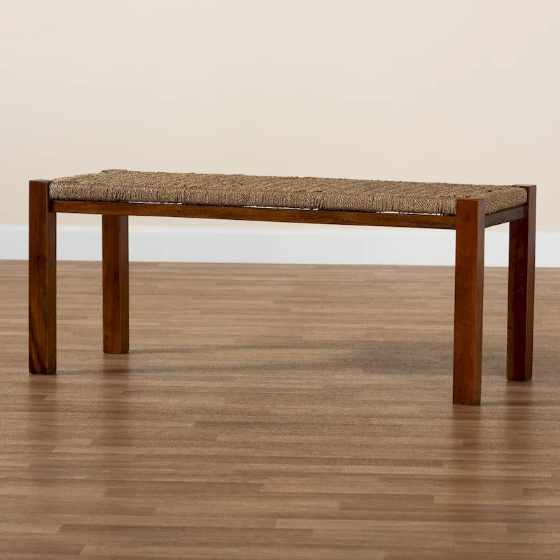 Banc de style transitionnel Mid-Century Modern en jonc de mer naturel et acajou