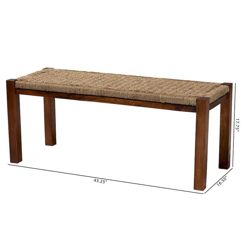 Banc de style transitionnel Mid-Century Modern en jonc de mer naturel et acajou