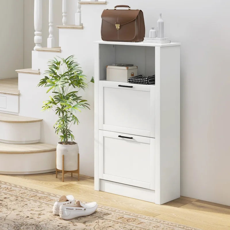 Meuble à Chaussures : Meuble de Rangement à Chaussures sur Pied avec Tiroirs Basculants à Double Niveau et Étagères Réglables