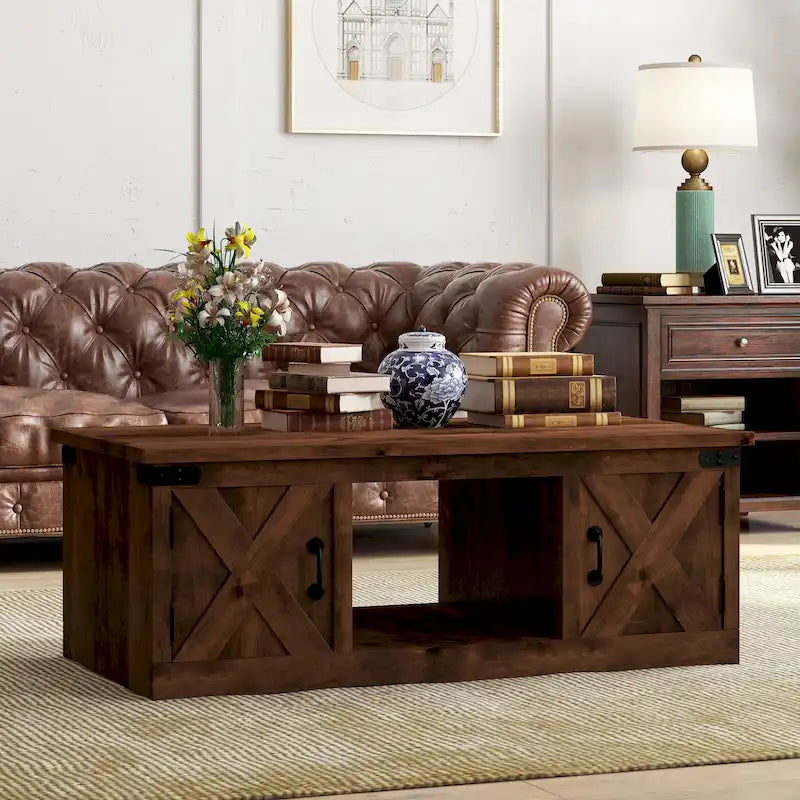 Table basse de style rustique de 122 cm — Aucun assemblage requis, finition whisky vieilli