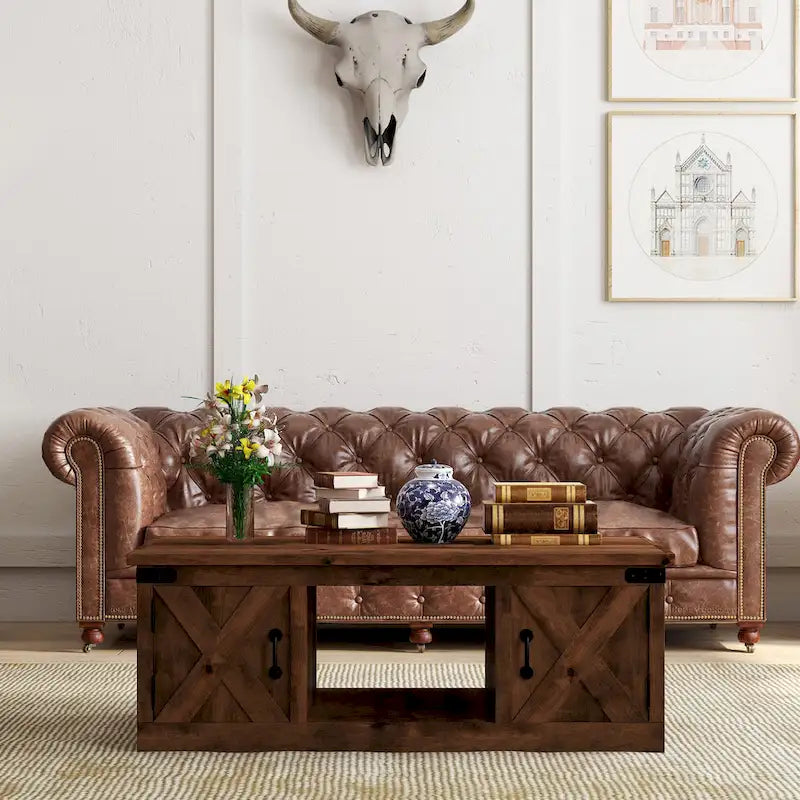 Table basse de style rustique de 122 cm — Aucun assemblage requis, finition whisky vieilli