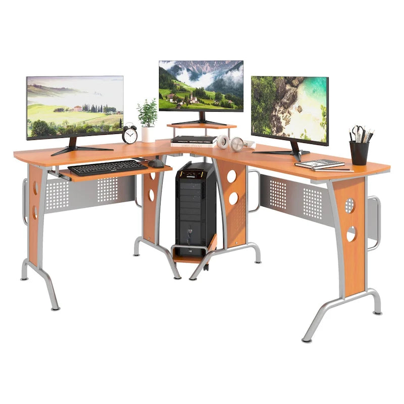 Bureau d'angle en L pour ordinateur, avec étagères de rangement, tablette coulissante pour clavier et support pratique pour unité centrale.