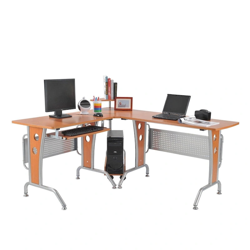 Bureau d'angle en L pour ordinateur, avec étagères de rangement, tablette coulissante pour clavier et support pratique pour unité centrale.