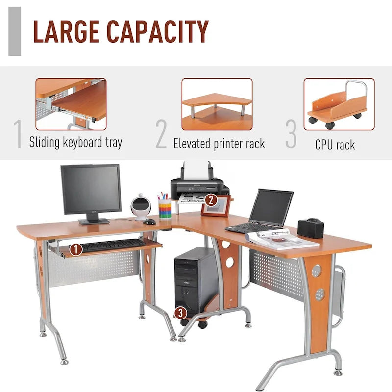 Bureau d'angle en L pour ordinateur, avec étagères de rangement, tablette coulissante pour clavier et support pratique pour unité centrale.