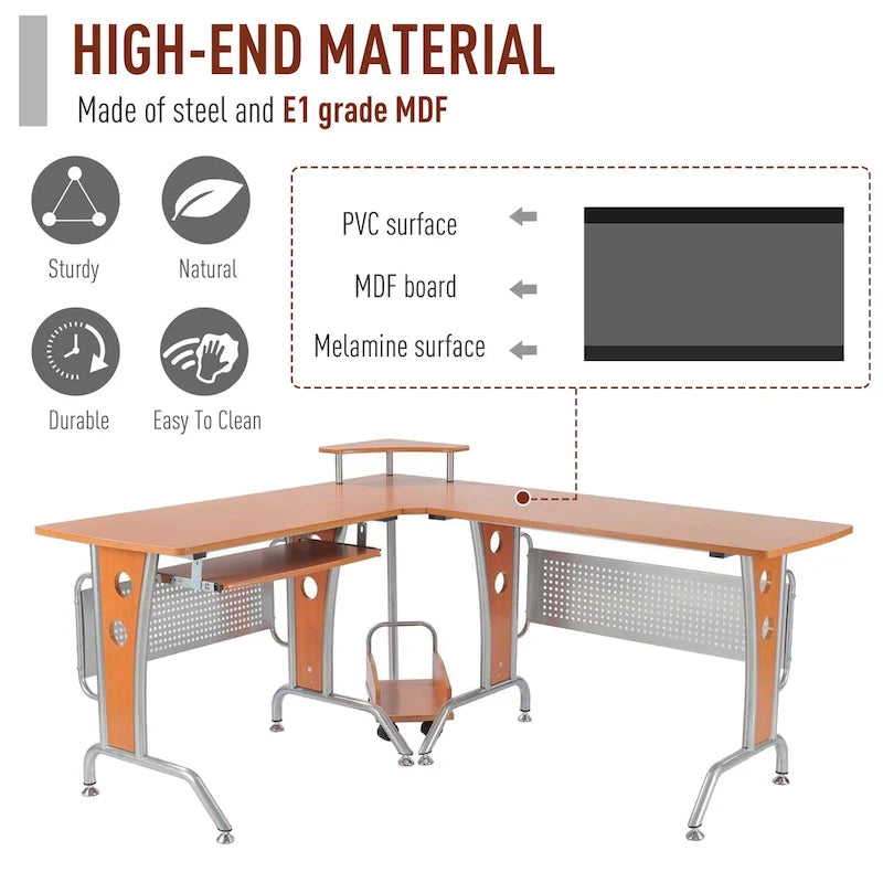 Bureau d'angle en L pour ordinateur, avec étagères de rangement, tablette coulissante pour clavier et support pratique pour unité centrale.