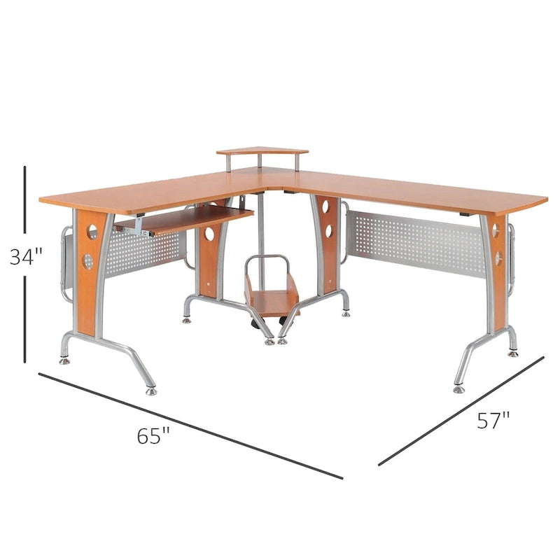 Bureau d'angle en L pour ordinateur, avec étagères de rangement, tablette coulissante pour clavier et support pratique pour unité centrale.
