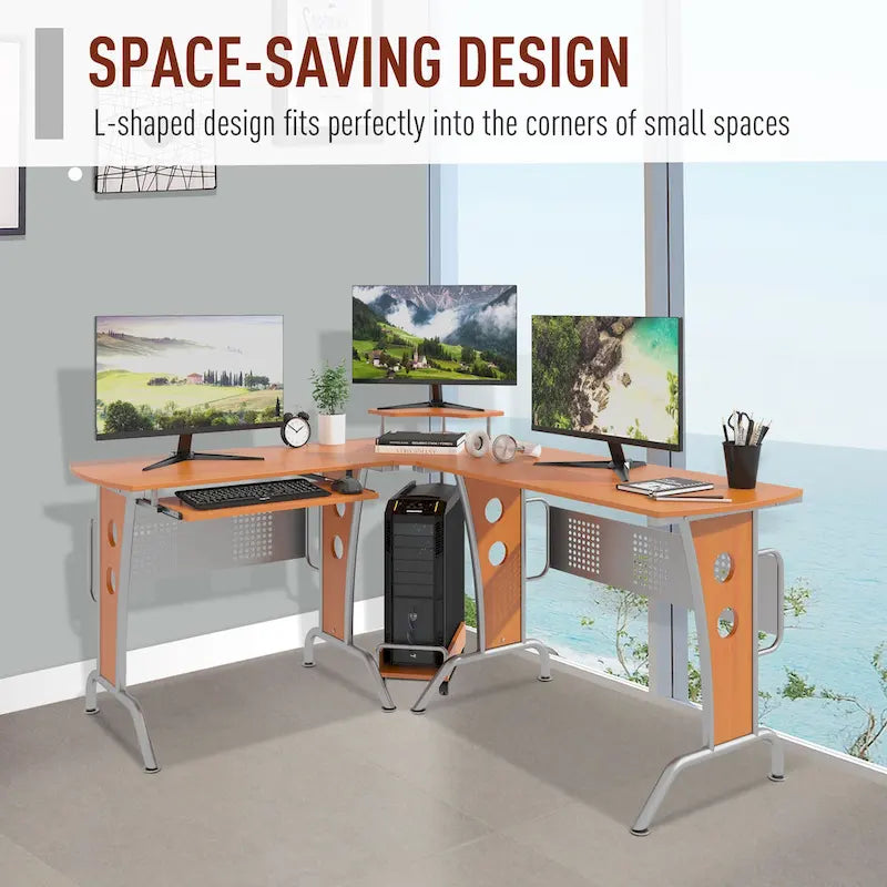 Bureau d'angle en L pour ordinateur, avec étagères de rangement, tablette coulissante pour clavier et support pratique pour unité centrale.