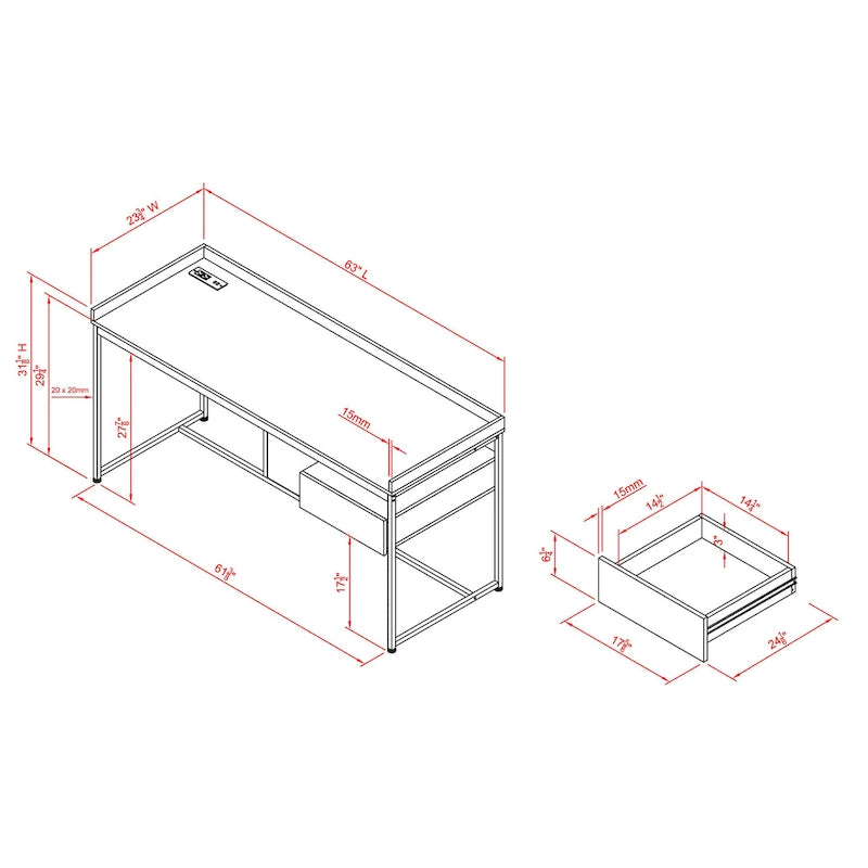 Bureau d'ordinateur en acier de 63 pouces avec ports USB