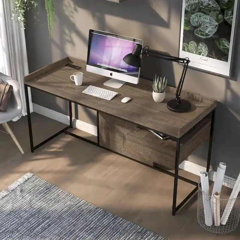 Bureau d'ordinateur en acier de 63 pouces avec ports USB