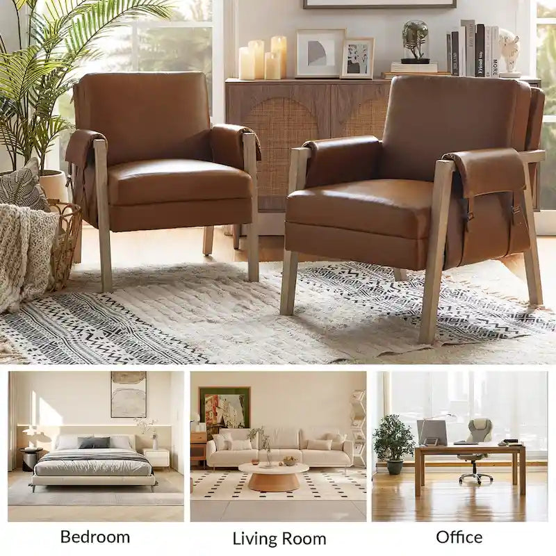 Fauteuils en similicuir style ferme avec pieds en bois massif, deux chaises par ensemble.