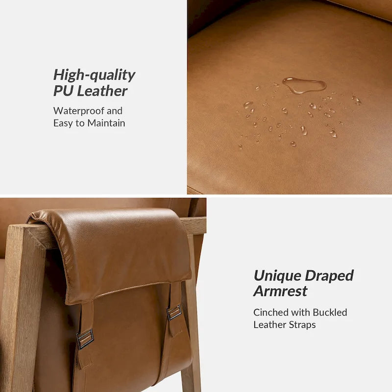 Fauteuils en similicuir style ferme avec pieds en bois massif, deux chaises par ensemble.