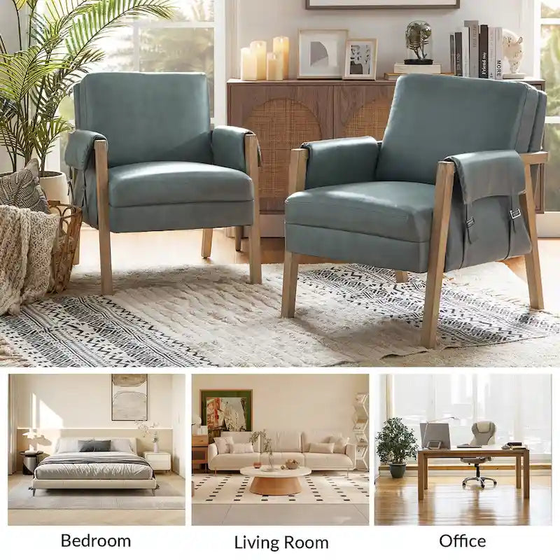 Fauteuils en similicuir style ferme avec pieds en bois massif, deux chaises par ensemble.