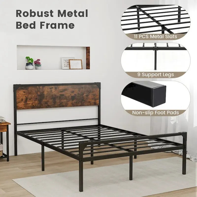 Lit plateforme double/grand format de style rustique avec tête et pied de lit