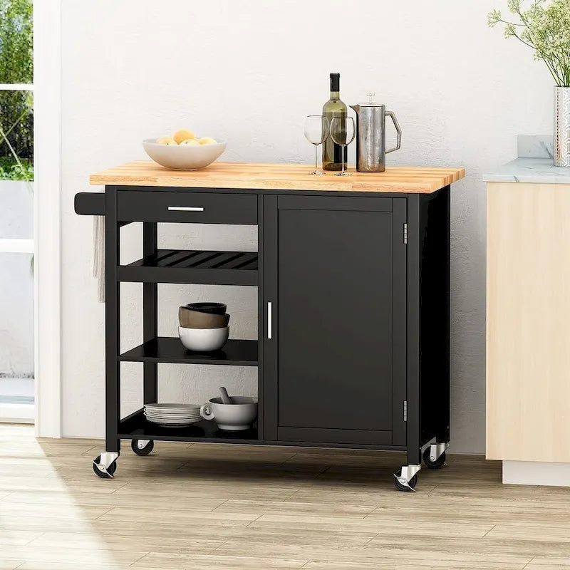 Desserte de cuisine moderne en bois (avec roues, tiroir et meuble de rangement)