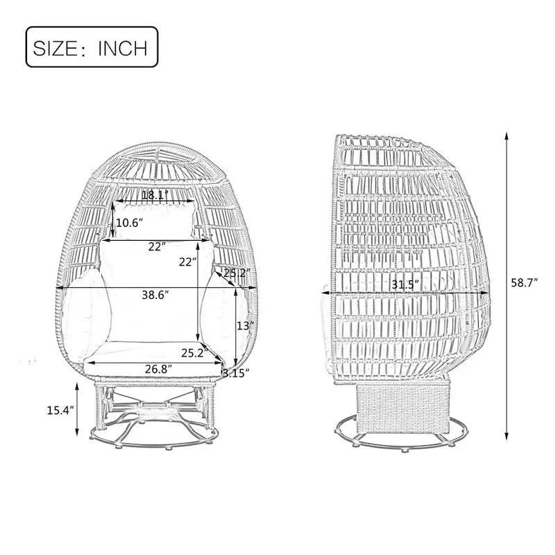 Fauteuil pivotant de jardin en rotin en forme d'œuf avec coussins et fonction à bascule