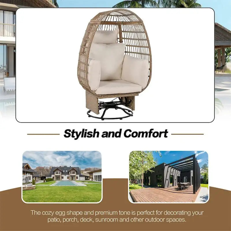 Fauteuil pivotant de jardin en rotin en forme d'œuf avec coussins et fonction à bascule